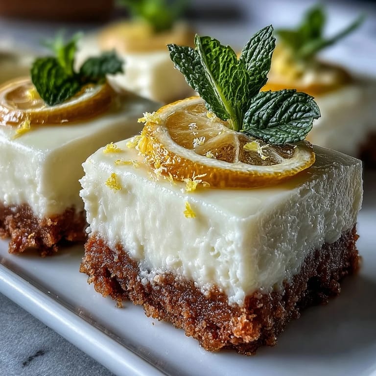 Bright, tangy no-bake Skyr Lemon Cheesecake Bars on a buttery graham cracker crust.