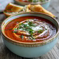 Creamy Roasted Red Pepper Soup garnished with cilantro and a swirl of yogurt in a rustic bowl. 