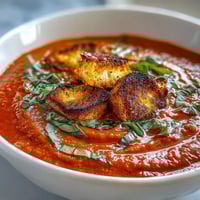 Creamy Roasted Tomato Soup steaming in a rustic bowl, topped with golden croutons and fresh basil, served with a grilled cheese sandwich.