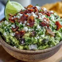 A close-up of Bacon Guacamole With Cotija Cheese, rich green avocado dotted with crispy bacon crumbles and crumbled white cheese, garnished with cilantro.