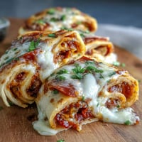 Golden-baked Tortilla Pizza Rolls sliced into pieces on a wooden board, showing melted mozzarella and zesty tomato sauce.
