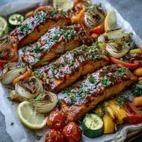 Crispy roasted salmon fillets and colorful bell peppers, zucchini, and tomatoes from a Sheet Pan Salmon and Veggies Bowl, garnished with fresh parsley and lemon wedges for a healthy, flavorful dinner.