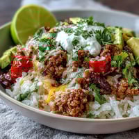 A colorful Turkey Taco Bowl with seasoned ground turkey, rice, and fresh taco toppings in a vibrant, healthy meal.  