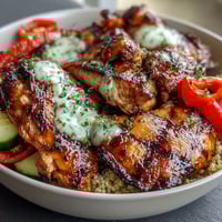 Lemon vinaigrette grilled chicken and veggie bowl with fresh greens and feta cheese.