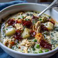 Slow Cooker Chicken Pot Pie Soup in a creamy broth with tender chicken and vegetables.