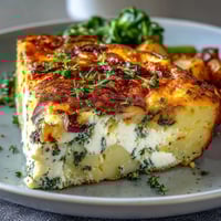 A golden spring brunch frittata with tender asparagus, creamy goat cheese, and fresh herbs.  
