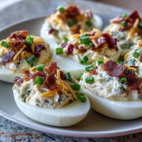 Spicy jalapeño popper deviled eggs with cream cheese, crispy bacon, and fresh jalapeño garnish for a zesty appetizer.