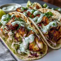 Fresh coconut lime grilled fish tacos with vibrant slaw and tangy crema, perfect for a light summer dinner.  