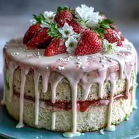 Floral drip cake with strawberry frosting, a spring celebration dessert, features white chocolate ganache and edible flower crown.