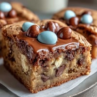 Soft peanut butter Easter egg cookie bars with colorful candies and chocolate chips, perfect for spring celebrations.