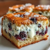 Golden white chocolate lemon blueberry blondies with a chewy texture.