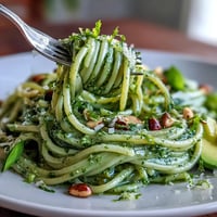 Creamy avocado pesto pasta dish photo with vibrant green sauce coating spaghetti.