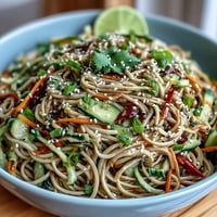 Vibrant cold soba noodle salad with crisp vegetables and zesty dressing.